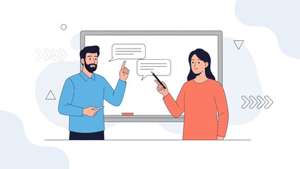 Diverse colleagues discussing ideas near whiteboard, business concept illustration