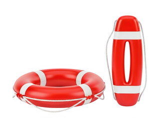 Red life preserver and life jacket on a white background