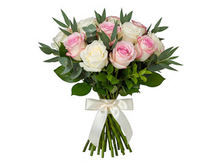 A beautiful bouquet of pink roses with green leaves in a white vase