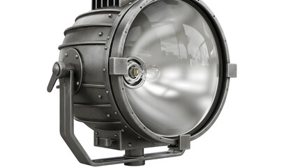 Vintage industrial stage spotlight or searchlight fixture with large lens, isolated on transparent background