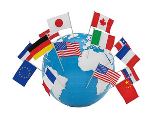 Diverse flags from various countries displayed on a globe illustration