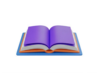 An open book with purple pages and gold text on a white background.