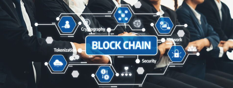 A dynamic business team focuses on blockchain technology, emphasizing security and tokenization as key elements in modern digital network solutions and innovations. Amity