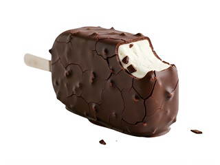 A delicious chocolate ice cream cone with a bite taken out of it.