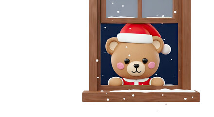 Cute Christmas Bear Looking Through a Snowy Window