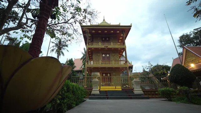 Ornate Buddhist pagoda architecture in Siem Reap