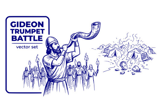 Gideon Trumpet Battle Small-Army Torches Midianite-Camp Biblical-Battle Gideon-Victory Trumpet-Battle Chaos-Scene Gideon-Story Vector Set - Biblical Battle
