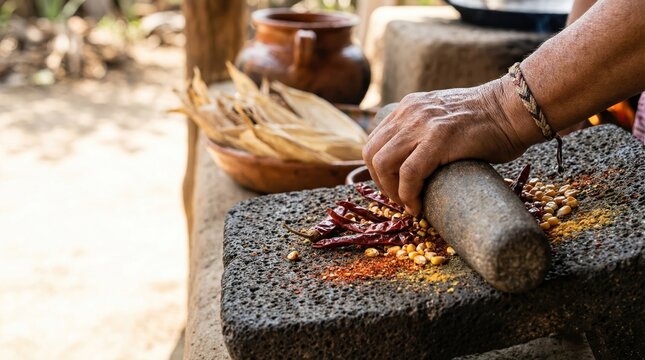 Traditional Mexican Cuisine: Grinding Spices on a Stone Metate for Authentic Flavors