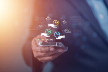 Fototapeta premium Business owners consider five-star rating systems, customer reviews, user feedback, customer satisfaction, service quality, trustworthiness, digital marketing, and online business success.