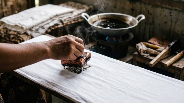 Hand Pressing Copper Stamp into Hot Wax on White Cotton Cloth in Indonesian Textile Art