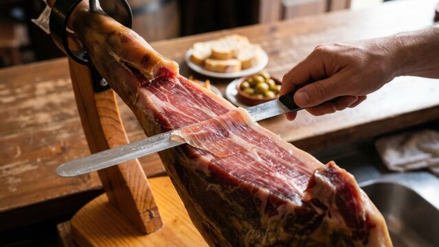 Hand Slicing Premium Iberian Ham on Wooden Stand in Cozy Culinary Setting