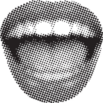 Vampire fangs protrude from lips rendered in a black and white halftone Halloween graphic