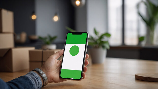 User Confirming Product Return on Smartphone App with Sustainable Package in Background.