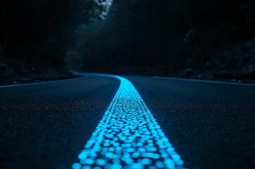 Glowing blue road marking on dark asphalt highway at night