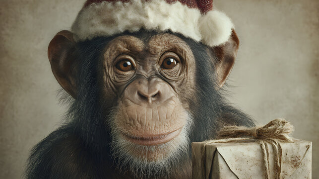chimpanz&Atilde;&copy; avec un chapeau de No&Atilde;&laquo;l qui tient un paque cadeau - fond uni beige HD 8K ramzan wallpaper Photographic Image