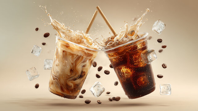 Two Iced Coffee Glasses Splashing Together
