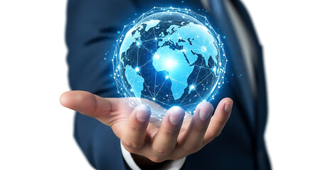 Businessman holding digital globe with global network.