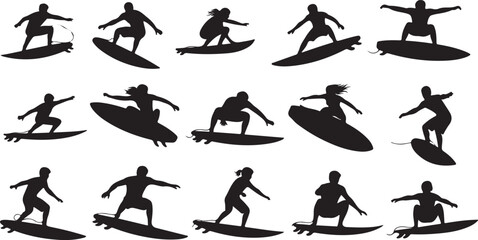 Obraz premium A collection of silhouettes depicting various surfing positions and styles
