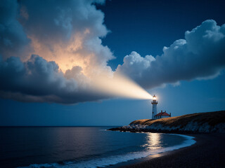Fototapeta premium Der Lichtstrahl eines Leuchtturms richtet sich in den Himmel. Das Motiv steht für Führung und Orientierung in unsicheren Zeiten.KI Generiert