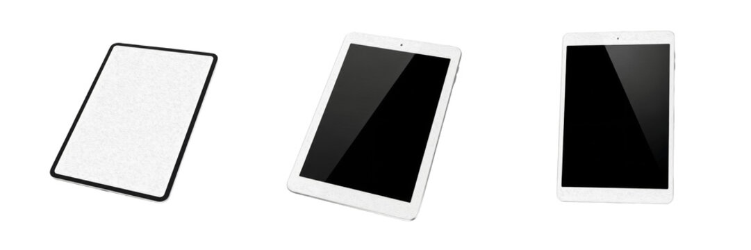 Modern Tablet Computer Set, Slim Touchscreen Digital Devices with Black and White Display Mockups Isolated on Transparent Background, PNG Asset