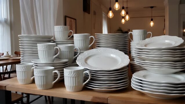 A Stacked Pile of Plain White Ceramic Drinking Cups and Dining Plates Arranged on a Restaurant Table