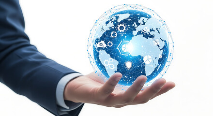 Businessman holding digital globe with network connections