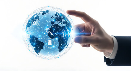 Businessman touching digital globe with global network