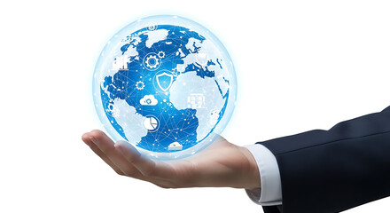 Businessman holding digital globe with network connections