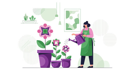 Woman Watering Plants in Modern Geometric Garden Illustration