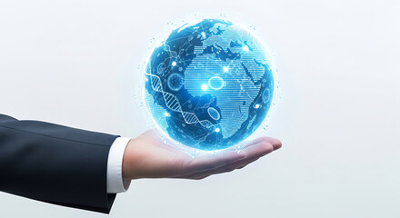 Hand holding a glowing blue digital globe with circuitry