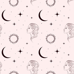 Celestial seamless pattern with sun, crescent moon and female face, boho line art vector background © Pattern  CF ID:77