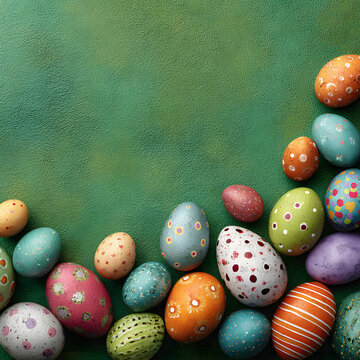 Beautiful Easter poster and banner with easter eggs in, green background