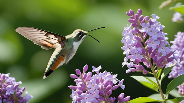 Summer poetic photo. Hummingbird hawk-moth floats around flowering summer lilac (butterfly bush) and sucks a nectar. Macroglossum stellatarum, Buddleia davidii.