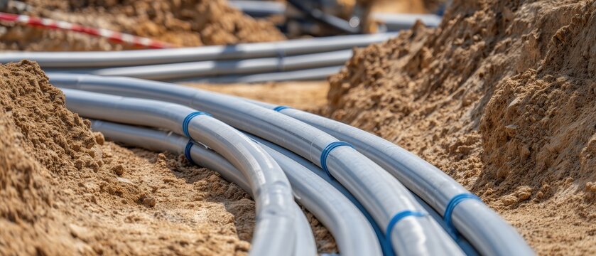 Underground heating distribution pipes installed in trench during utility infrastructure construction, thermal energy network development for district heating and municipal services