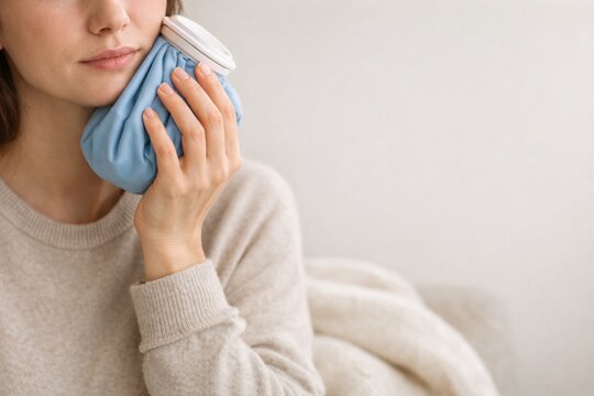 Woman Applies an Ice Pack to Her Face While Sitting on a Couch in a Light Room During Afternoon
