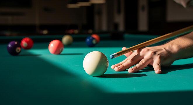 A close-up of a hand holding a pool cue aimed at a white ball on a teal billiard table.