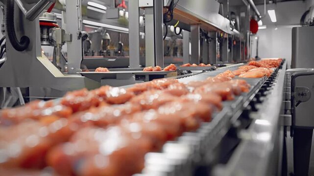 Raw meat portions are systematically arranged on conveyor belt in well-lit food processing facility during daytime operations, illustrating efficient workflow meticulous preparation standards industry
