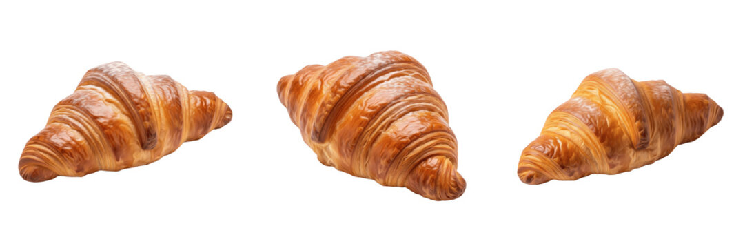 Golden Buttery Croissant Set, Flaky French Pastry and Bakery Breakfast Collection Isolated on Transparent Background, PNG Asset