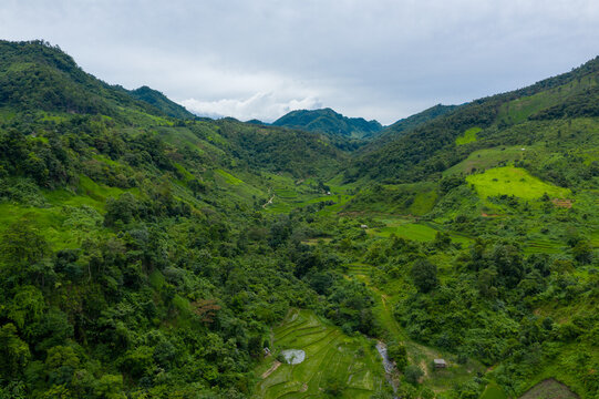 Sweeping aerial view of a verdant valley with layered rice terraces and dense tropical vegetation in the Laotian countryside. Rolling hills and scattered farm huts create a tranquil rural landscape