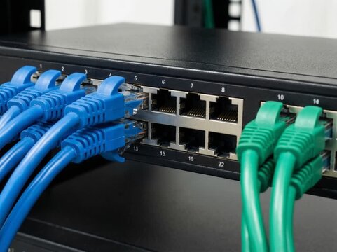 Ethernet cables connected to managed network switch illustrating VLAN configuration and segmented network architecture.