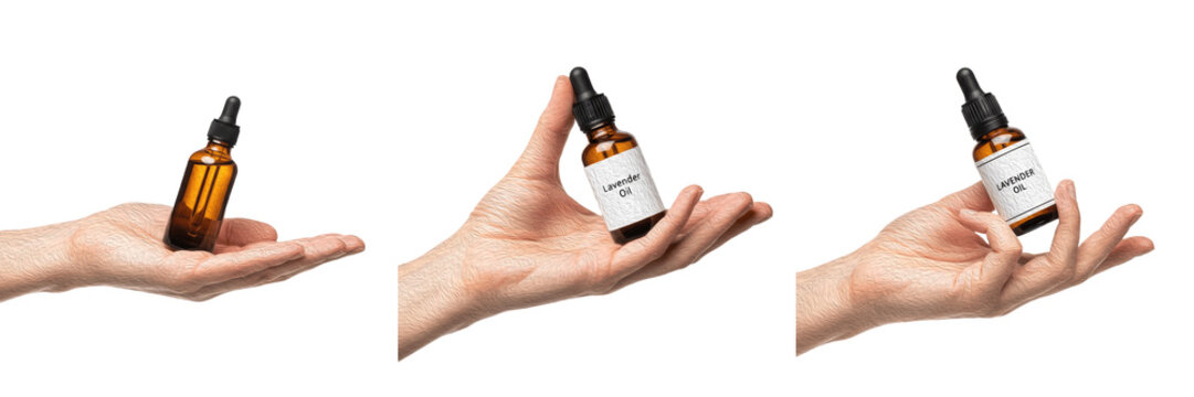 Set and collection of human hand holding amber glass dropper bottle with label, essential oil and natural serum skin care concept isolated on white transparent PNG background