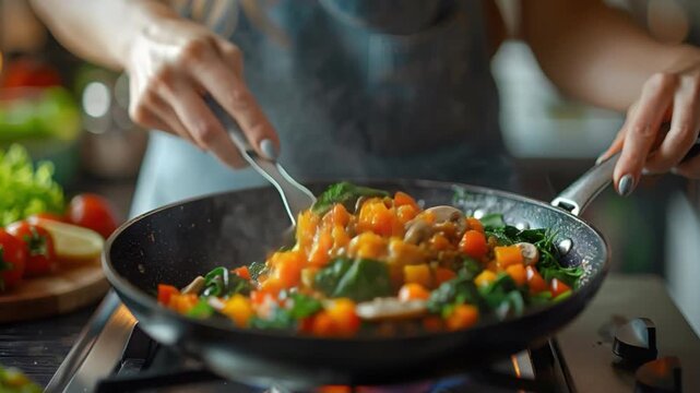 Skilled chef rapidly safts colorful bell peppers, spinach, mushrooms large frying pan within modern, well-illuminated kitchen at dusk, expertly crafting nutritious stir-fry recipe amidst rising steam