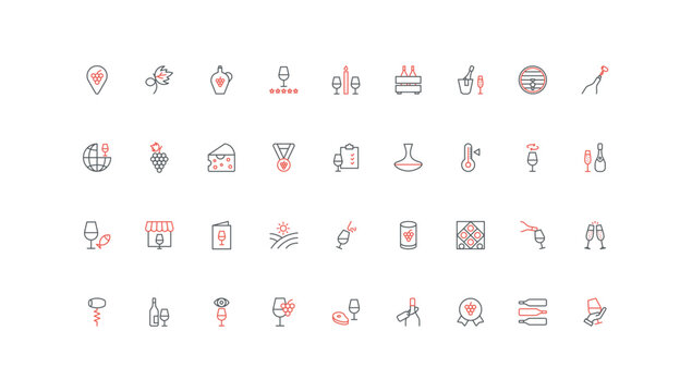 Winery, grape wine and champagne making, tasting line icon set. Vineyard and barrel in cellar, glass and bottle of alcohol drink, sommelier thin black and red outline symbols vector illustration
