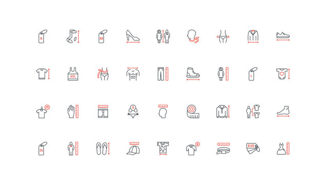 Clothes size measurement, guide line icon set. Arrows and chart, measuring tape to measure human body, waist and neck circumference, height thin black and red outline symbols vector illustration