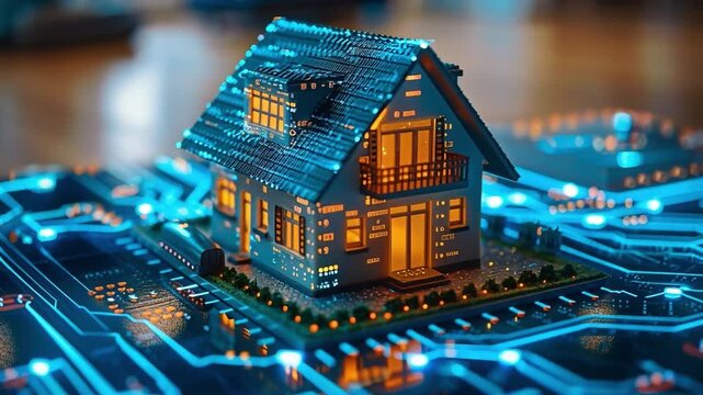 Small-scale house glows brightly against dynamic digital circuit board, symbolizing fusion of technology modern living, and highlighting innovative smart home concept that streamlines residential life