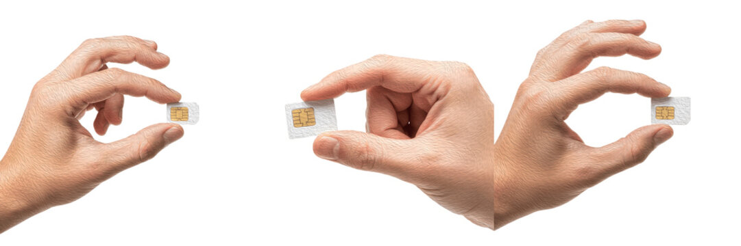 Set and collection of human hand holding small white mobile SIM card with two fingers, telecommunication and cellular network connectivity concept isolated on white transparent PNG background
