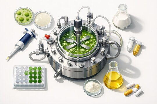 Advanced laboratory equipment for biotechnological research showcasing vibrant green solutions and various containers representing innovation in modern biosynthesis and pharmaceutical development
