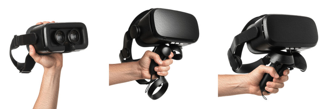 Set and collection of human hand holding black VR headset and motion controller in various angles, virtual reality gaming and immersive technology concept isolated on white transparent PNG background