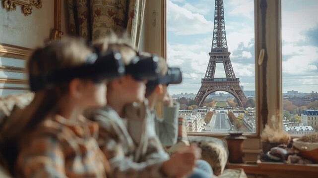 Three youngsters relax in a plush Parisian suite, donning virtual reality headsets to gaze at the iconic Eiffel Tower, savouring a serene atmosphere through the window