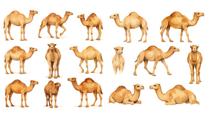 Obraz premium A charming watercolor collection of desert camels, including standing poses, walking silhouettes, resting camels, and soft sandy fur textures.